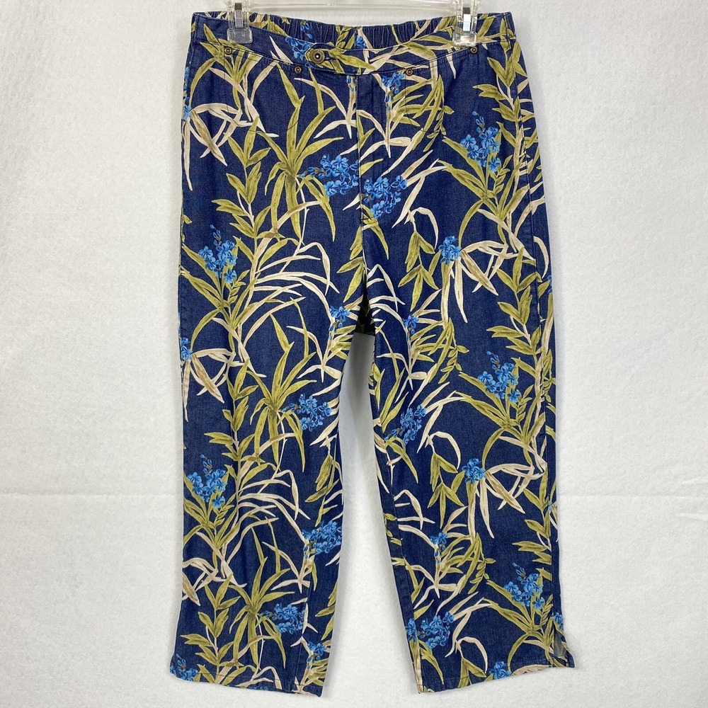Liz Claiborne Womens 10 Capri Pants Blue Floral Tropical Vintage Denim Jeans